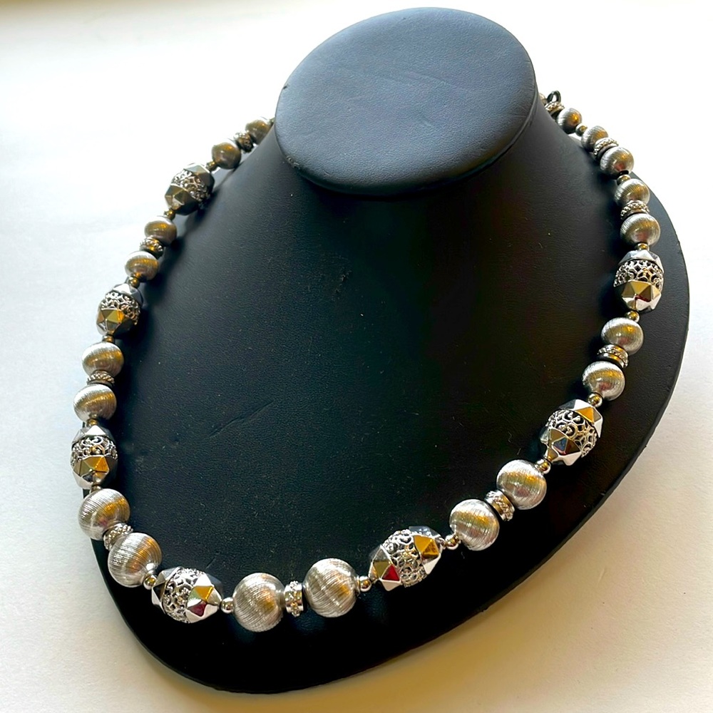 Monet Signed Vintage Rhodium Plated Silver Beaded Necklace 1960's Runway Couture